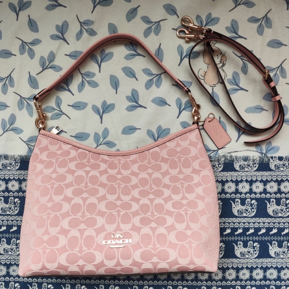Coach Pink Signature Canvas Hobo with Gold-Tone Accents